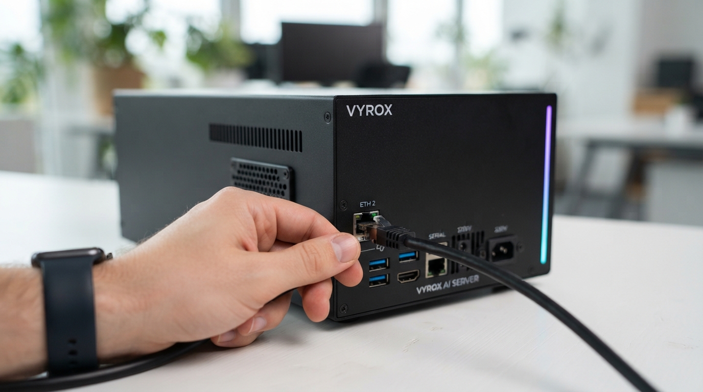 Close-up of a hand plugging an ethernet cable into the back of a VYROX-branded local AI server with a glowing violet-to-cyan status strip